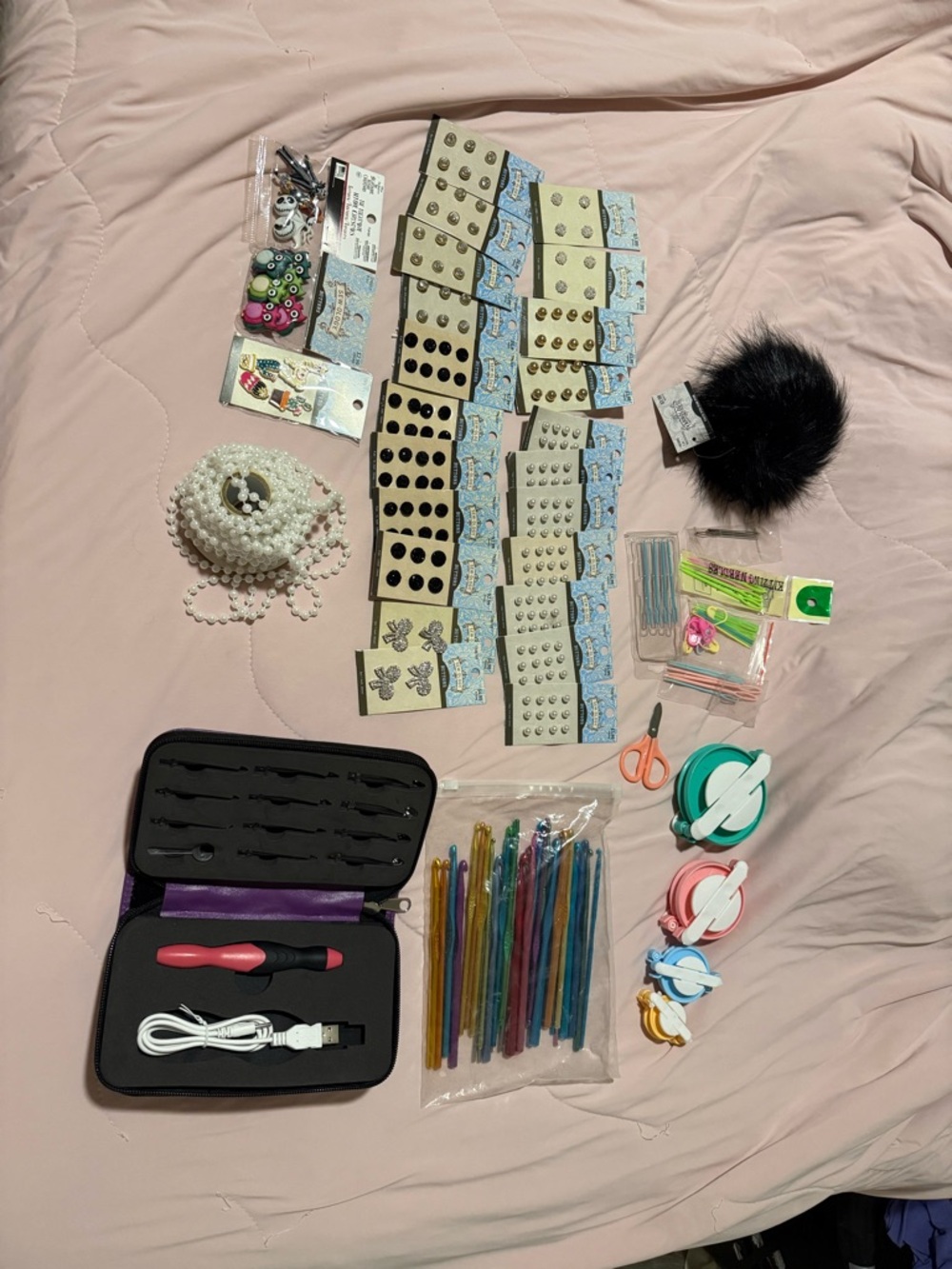 Assorted Craft Supplies Bundle with Crochet Hooks and Pom Pom